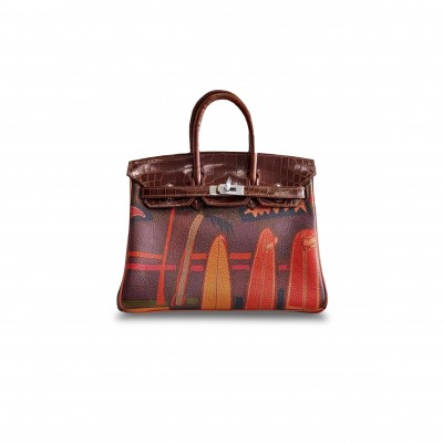HERMÈS MASTER BIRKIN 25 CROCODILE AND TOGO GRAFFITI SILVER BUCKLE H076216CKOP (25*20*13cm)